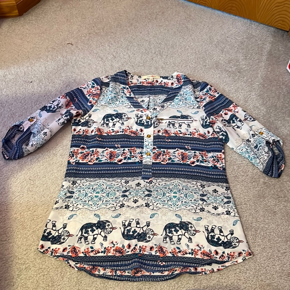 Cute Elephant Print Blouse with Chain Pocket and Button Details